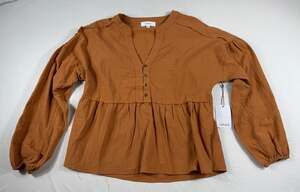 Cerule Women's Brown Cotton Gauze Button-Down Peplum Blouse